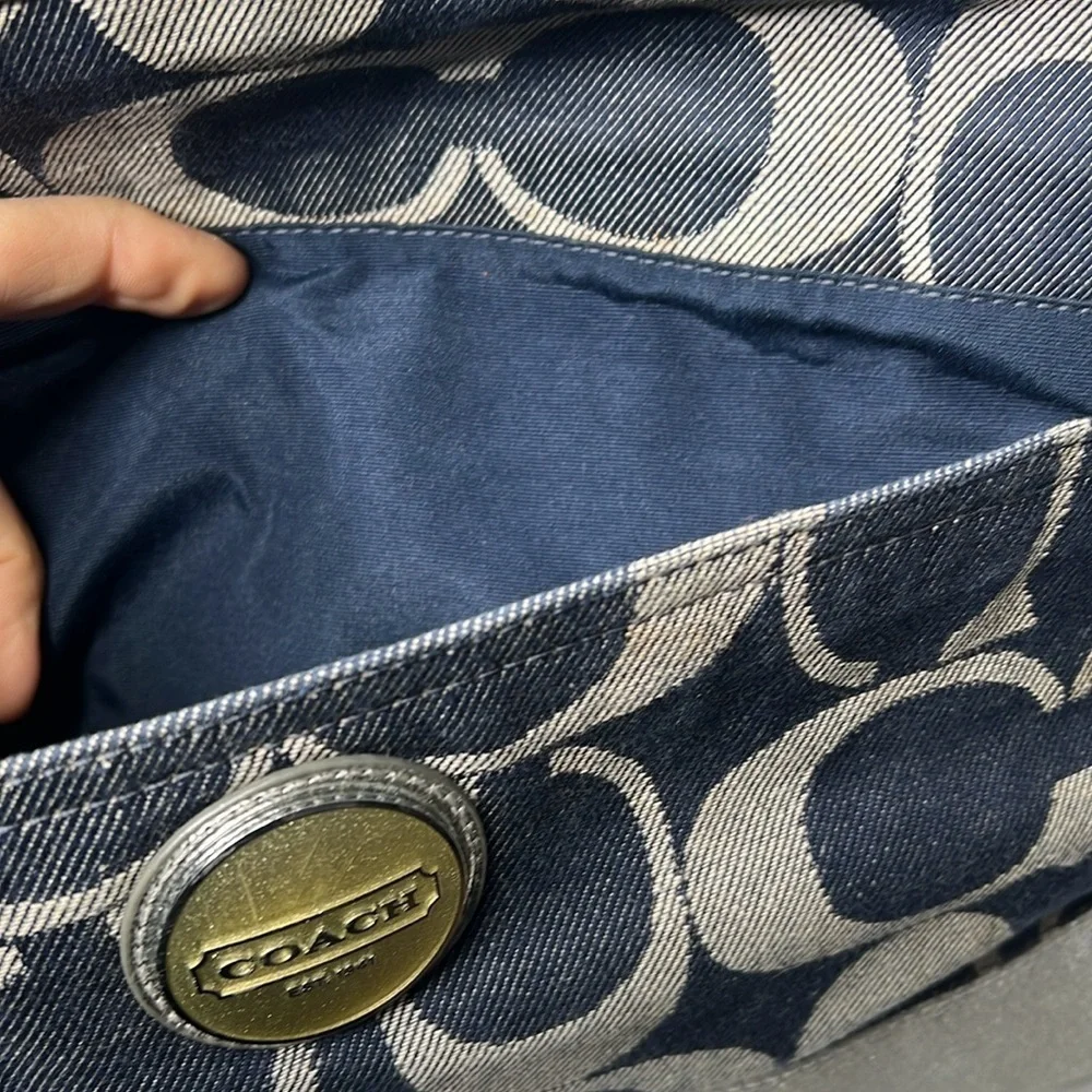 Coach XL Denim Blue and Silver Leather Zip Top Diaper Tote Travel Bag